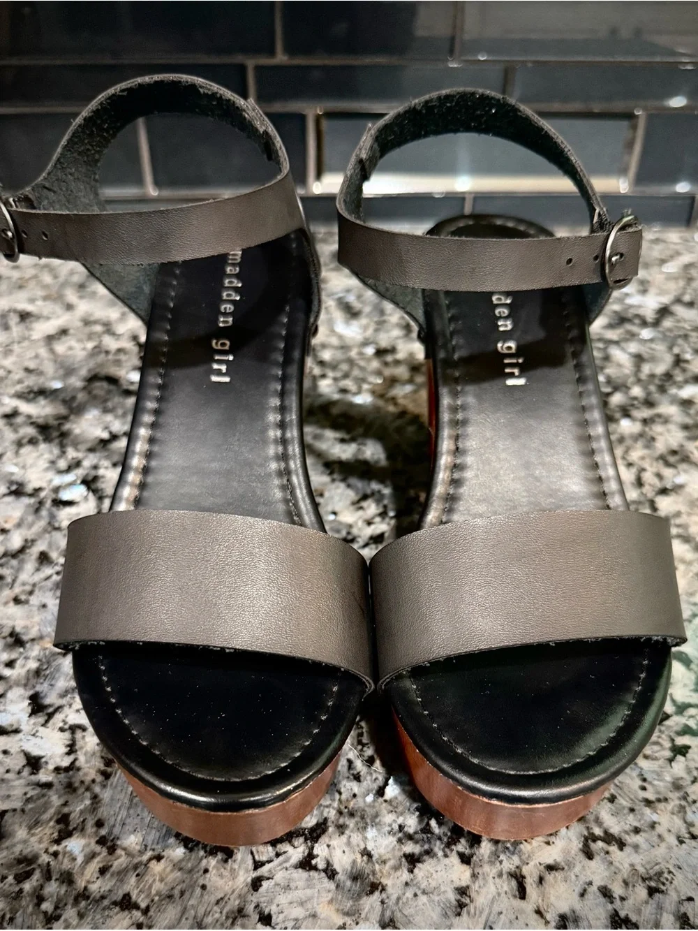 Madden Girl Black Leather Platform Clogs with Wood-Tone Heel